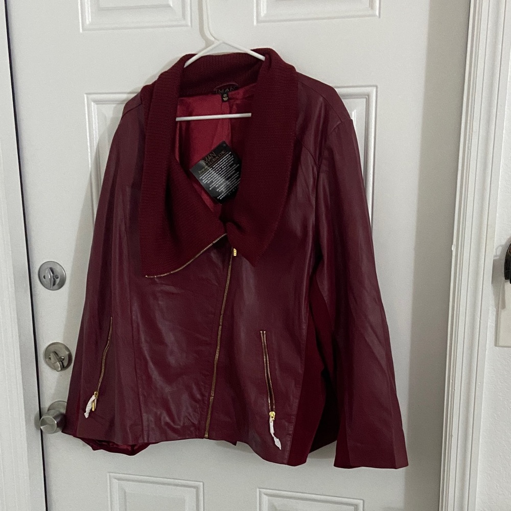 IMAN maroon burgundy Leather Jacket with Gold Zippers